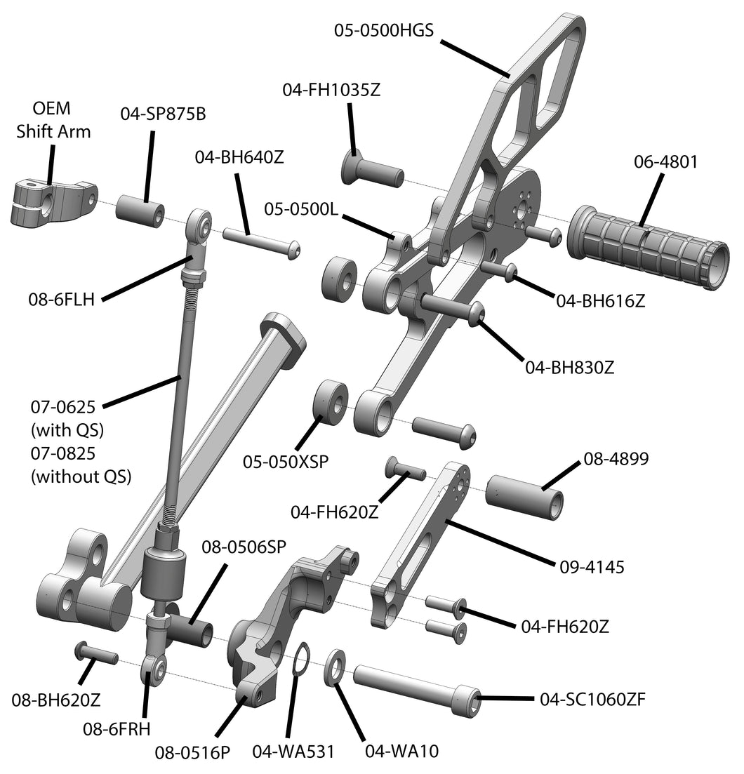 05-0516B Triumph 765 Street Triple Complete Rearset Kit w/ Pedals - GP Shift w/ Aftermarket Push QS-Woodcraft