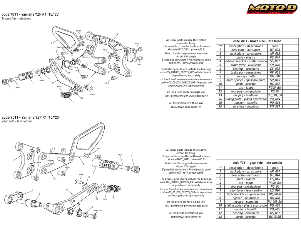 Bonamici Yamaha R1 Rearsets (2015+) Moto Garage